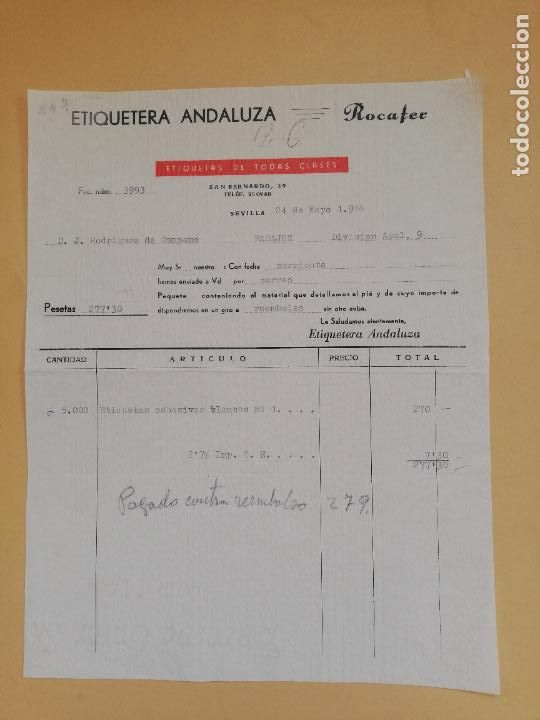 Fatture antiche: FACTURA. ETIQUETERIA ANDALUZA. ROCAFER. ETIQUETAS DE TODAS CLASES. SEVILLA. 1966.