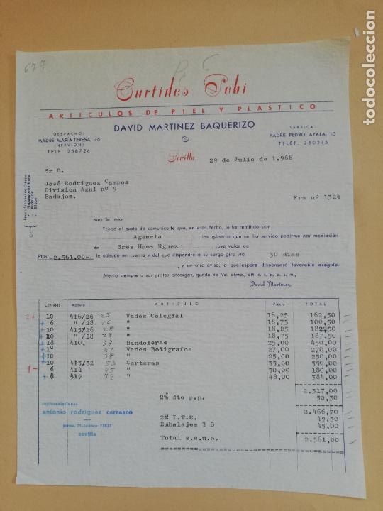 Fatture antiche: FACTURA. ARTICULOS DE PIEL Y PLASTICO. CURTIDOS POBI. DAVID MARTINEZ BAQUERIZO. SEVILLA. 1966.