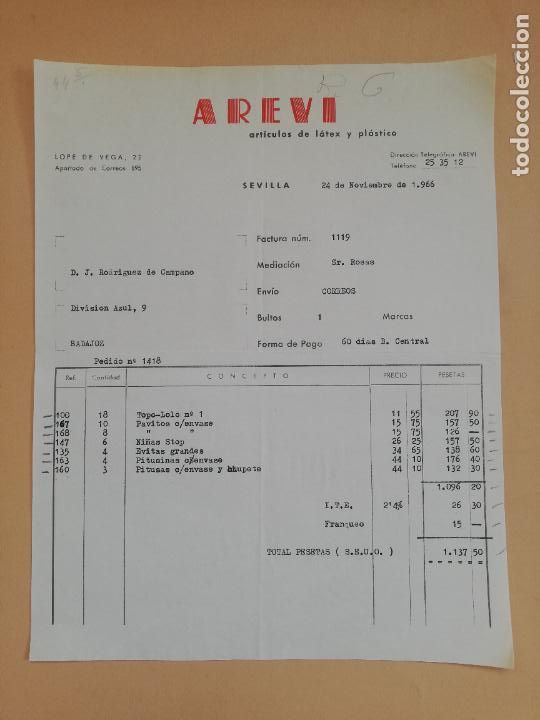 Fatture antiche: FACTURA. ARTICULOS DE LATEX Y PLASTICO. AREVI. SEVILLA. 1966.