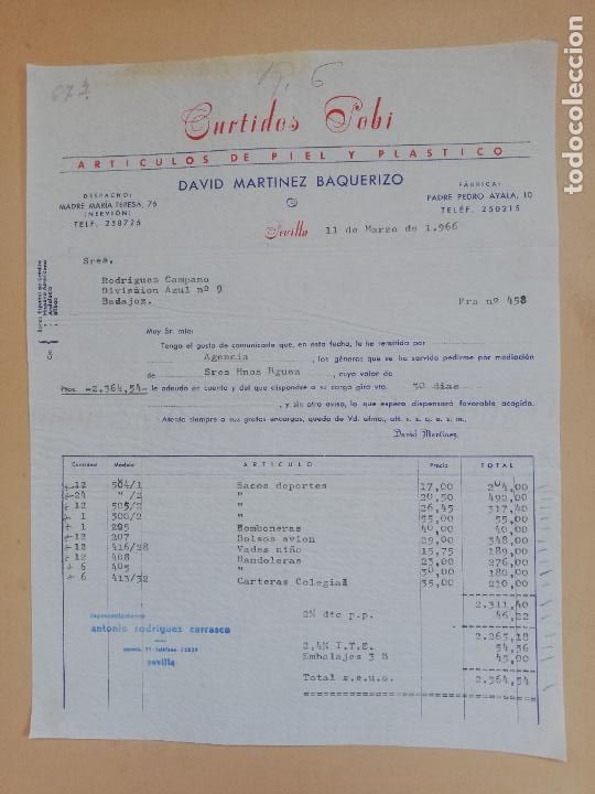 Fatture antiche: FACTURA. ARTICULOS DE PIEL Y PLASTICO. CURTIDOS POBI. DAVID MARTINEZ BAQUERIZO. SEVILLA. 1966.