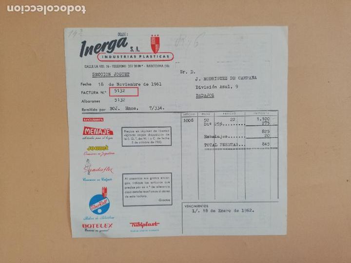 Fatture antiche: FACTURA. INDUSTRIAS PLASTICAS. INERGA, S.A. BARCELONA, 1961.
