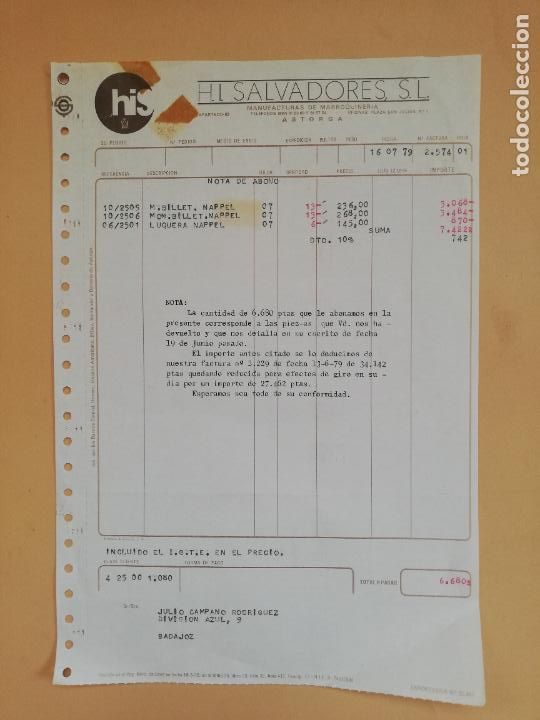 Fatture antiche: FACTURA. H. I. SALVADORES, S. L. MANUFACTURAS DE MARROQUINERIA. ASTORGA, LEON. 1979.