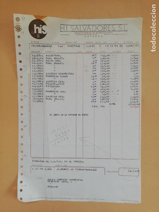 Fatture antiche: FACTURA. H. I. SALVADORES, S. L. MANUFACTURAS DE MARROQUINERIA. ASTORGA, LEON. 1979.