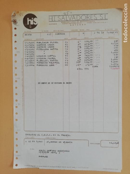 Fatture antiche: FACTURA. H. I. SALVADORES, S. L. MANUFACTURAS DE MARROQUINERIA. ASTORGA, LEON. 1979.