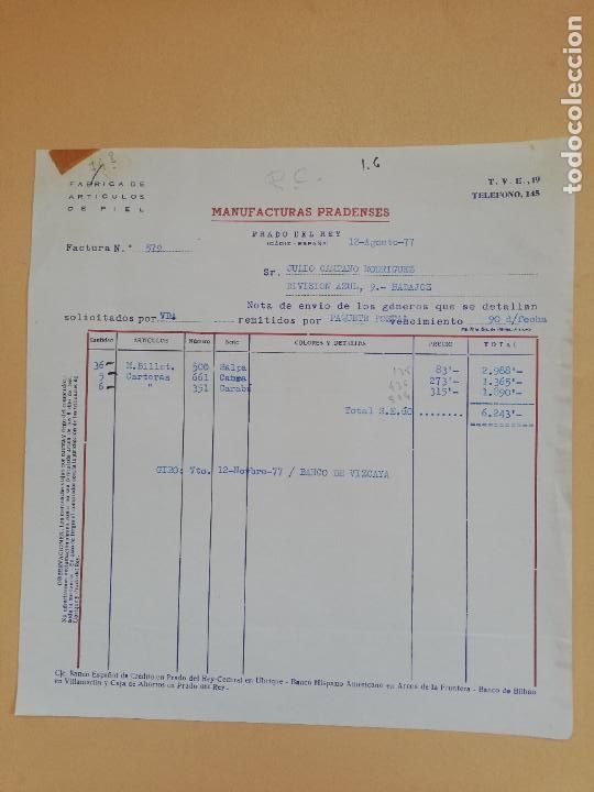Fatture antiche: FACTURA. FABRICA DE ARTICULOS DE PIEL. MANUFACTURAS PRADENSE. PRADO DEL REY, CADIZ. 1977.