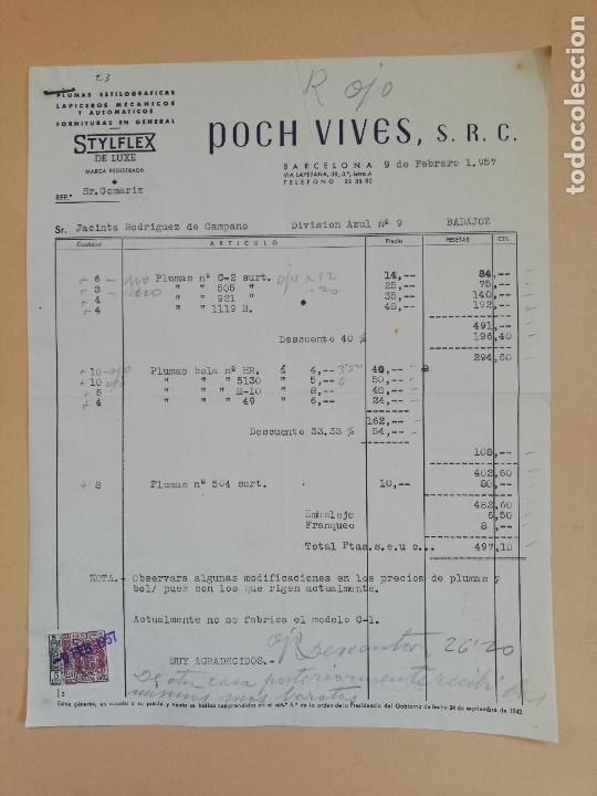 Old Invoices: FACTURA. PLUMAS ESTILOGRAFICAS. LAPICEROS MECANICOS. STYFLEX. JOSE POCH VIVES. BARCELONA. 1957.