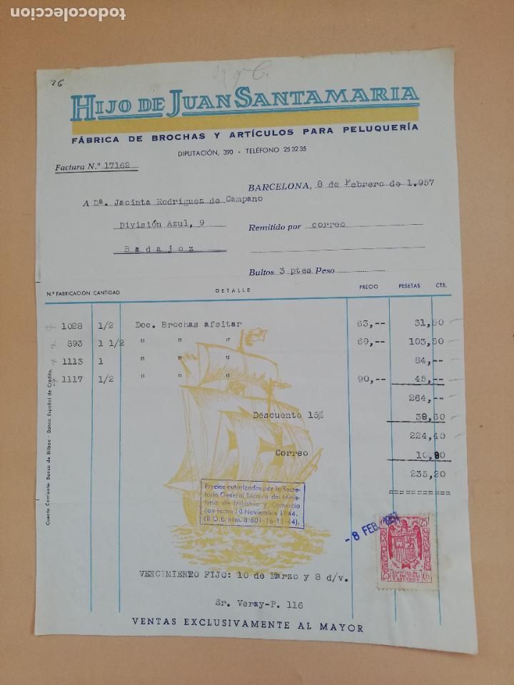 Old Invoices: FACTURA. FABRICA DE BROCHAS Y ARTICULOS PARA PELUQUERIA. HIJO DE JUAN SANTAMARIA. BARCELONA. 1957.