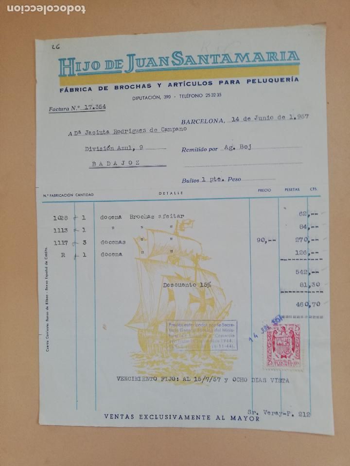 Old Invoices: FACTURA. FABRICA DE BROCHAS Y ARTICULOS PARA PELUQUERIA. HIJO DE JUAN SANTAMARIA. BARCELONA. 1957.