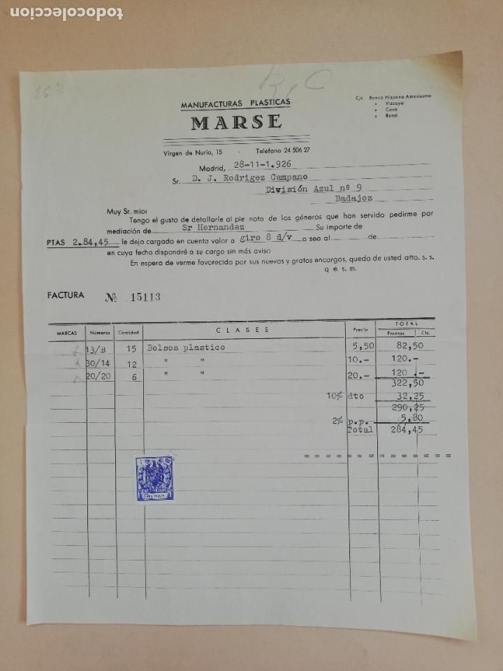 Old Invoices: FACTURA. MARSE. MANUFACTURAS PLASTICAS. MADRID, 1926.