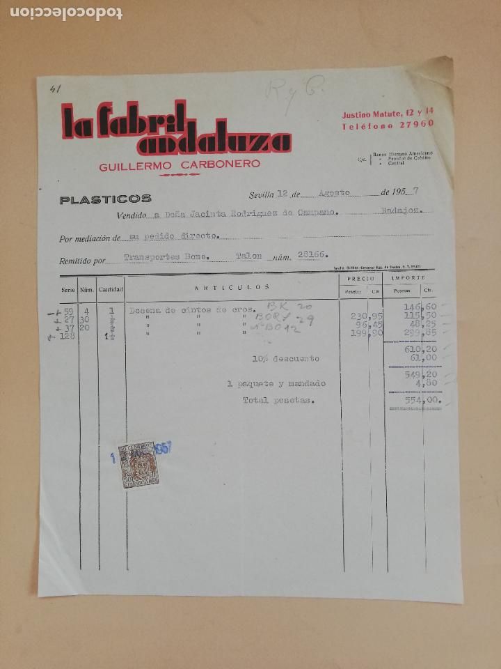 Old Invoices: FACTURA. LA FABRIL ANDALUZA. GUILLERMO CARBONERO. SEVILLA. 1957.