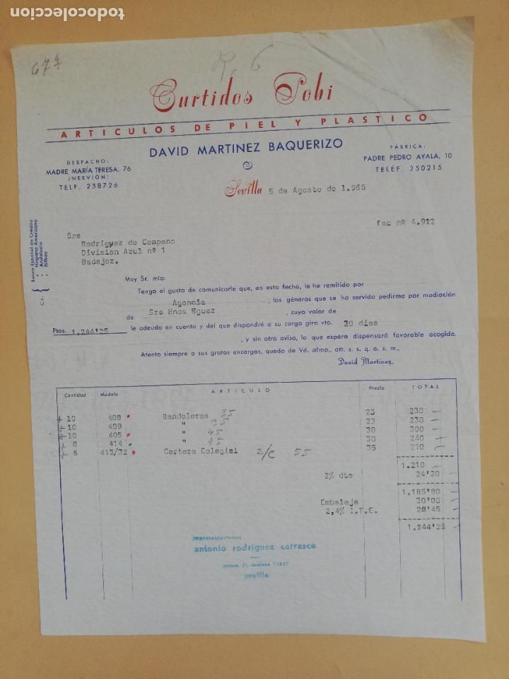 Old Invoices: FACTURA. ARTICULOS DE PIEL Y PLASTICO. CURTIDOS POBI. DAVID MARTINEZ BAQUERIZO. SEVILLA. 1965.