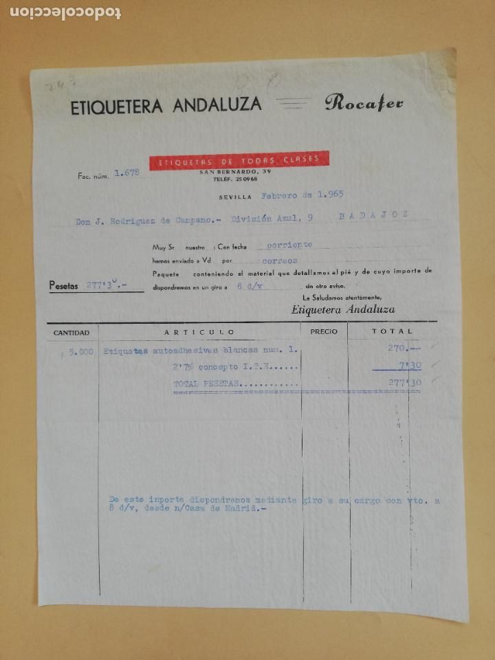 Old Invoices: FACTURA. ETIQUETERIA ANDALUZA. ROCAFER. ETIQUETAS DE TODAS CLASES. SEVILLA. 1965.