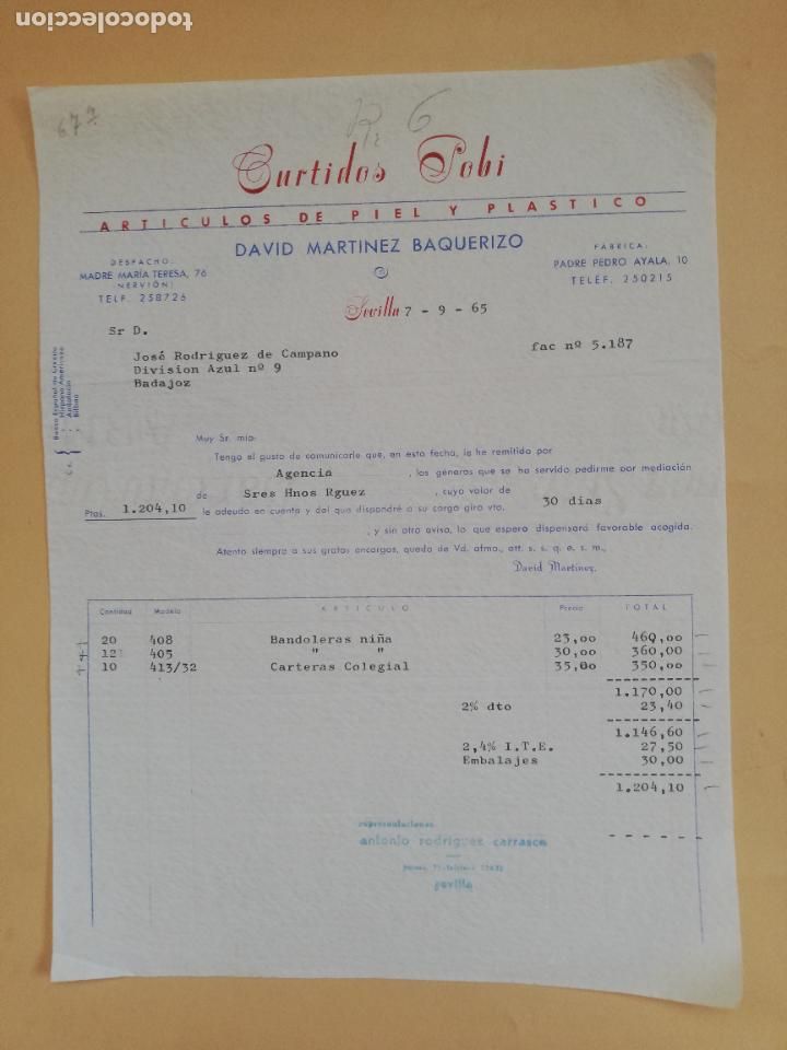 Old Invoices: FACTURA. ARTICULOS DE PIEL Y PLASTICO. CURTIDOS POBI. DAVID MARTINEZ BAQUERIZO. SEVILLA. 1965.