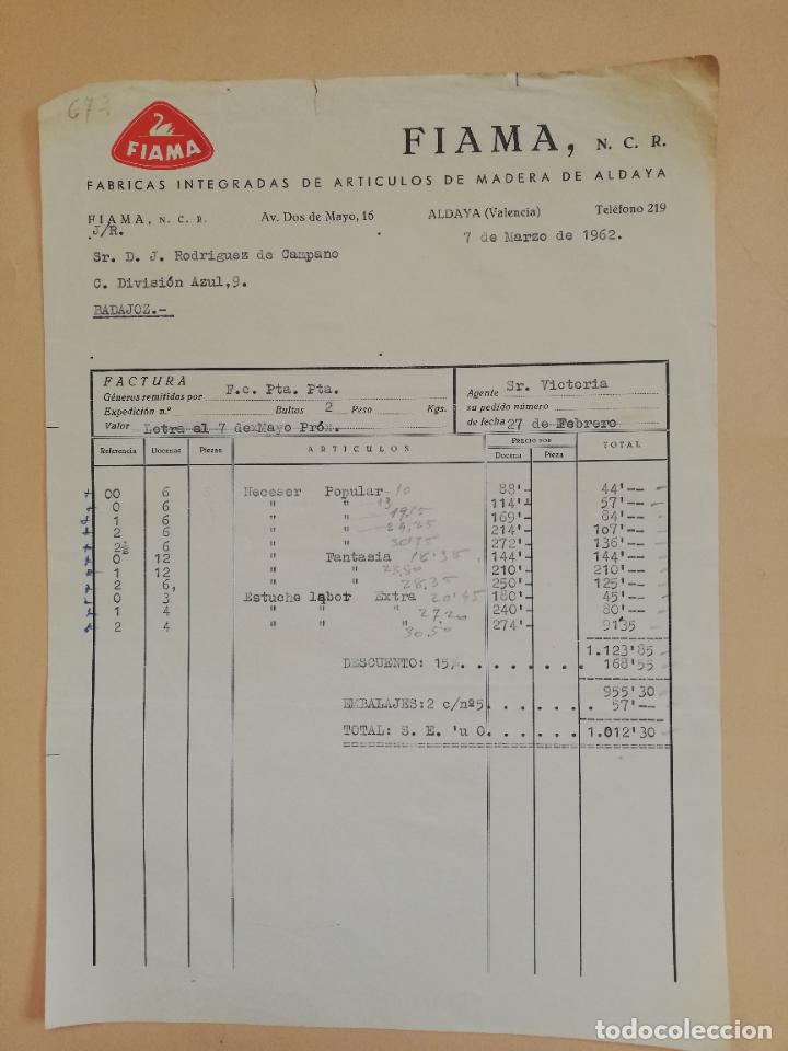 Old Invoices: FACTURA. FABRICAS INTEGRADAS DE ARTICULOS DE MADERA DE ALDAYA. FIAMA. ALDAYA, VALENCIA. 1962.