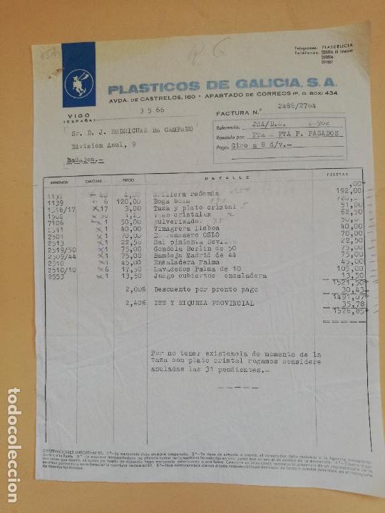 Old Invoices: FACTURA. PLASTICOS DE GALICIA. VIGO, 1966.
