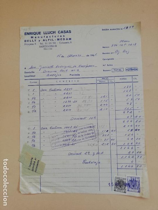 Old Invoices: FACTURA. ENRIQUE LLUCH CASAS. MANUFACTURAS DELLY Y ALFIL- MEDAM. BARCELONA, 1961.