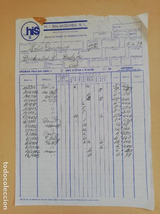 Old Invoices: FACTURA. H. I. SALVADORES, S. L. MANUFACTURAS DE MARROQUINERIA. ASTORGA, LEON. 1979.