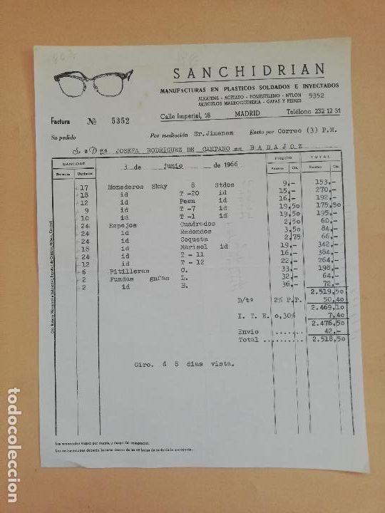 Old Invoices: FACTURA. SANCHIDRIAN. MANUFACTURAS EN PLASTICOS SOLDADOS E INYECTADOS. MADRID, 1966.