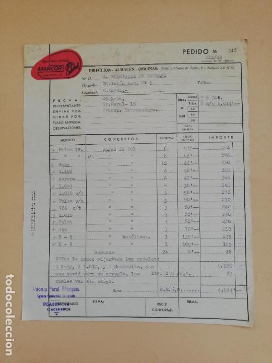 Old Invoices: FACTURA. CREACIONES OPTICAS MARCOR. ALTA CALIDAD. MADRID. 1966.