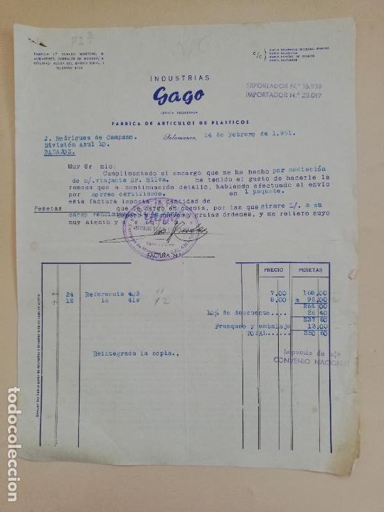 Old Invoices: FACTURA. INDUSTRIAS GAGO. FABRICA DE ARTICULOS DE PLASTICOS. SALAMANCA, 1961.