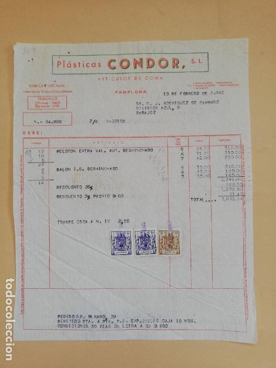 Old Invoices: FACTURA. PLASTICAS CONDOR, S. L. ARTICULOS DE GOMA. PAMPLONA. 1962.