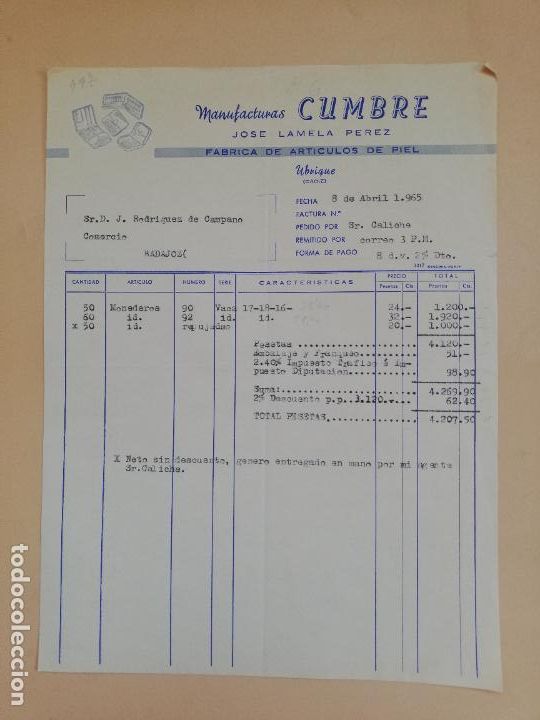 Old Invoices: FACTURA. FABRICA DE ARTICULOS DE PIEL. MANUFACTURAS CUMBRE. JOSE LAMELA PEREZ. UBRIQUE, CADIZ. 1965.