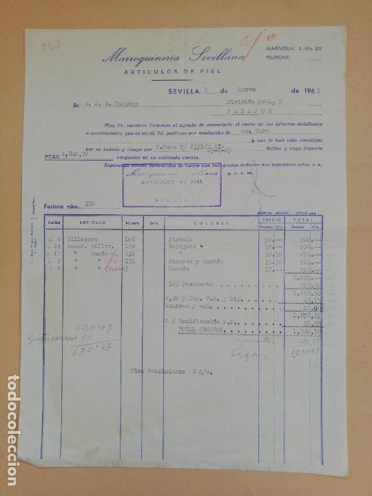 Old Invoices: FACTURA. ARTICULOS DE PIEL. MARROQUINERIA SEVILLANA. SEVILLA, 1965.