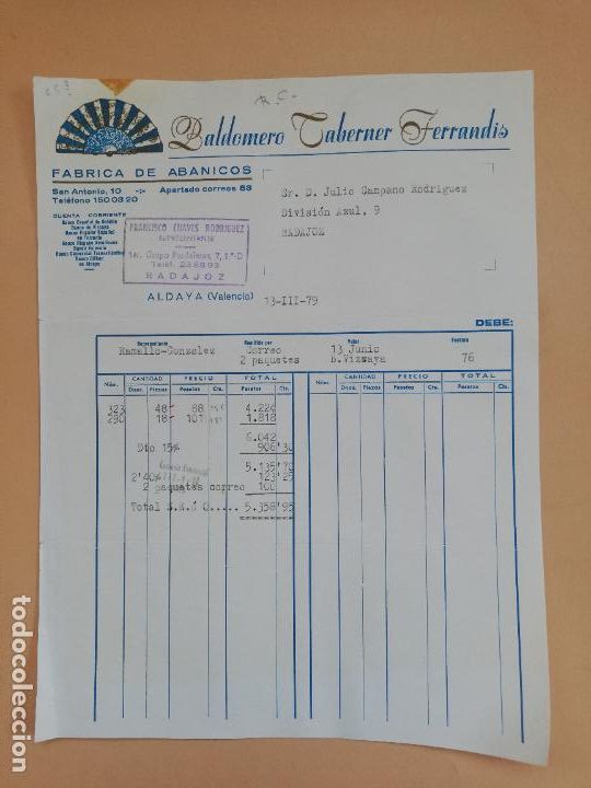Old Invoices: FACTURA. FABRICA DE ABANICOS. B. TABERNER. ALDAYA, VALENCIA, 1979.