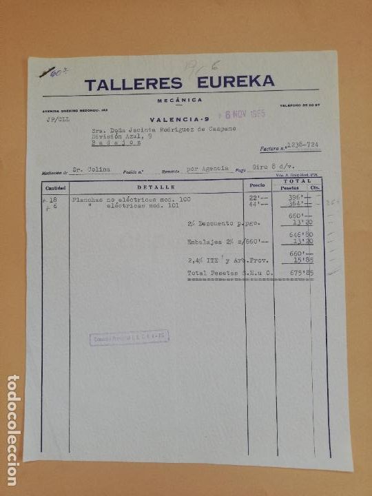 Old Invoices: FACTURA. TALLERES EUREKA. MECANICA. VALENCIA, 1965.