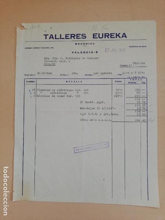 Old Invoices: FACTURA. TALLERES EUREKA. MECANICA. VALENCIA, 1965.