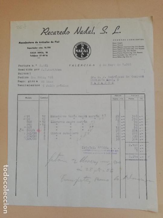 Old Invoices: FACTURA. RECADERO NADAL, S. L. MANUFACTURA DE ARTICULOS DE PIEL. VALENCIA, 1965.