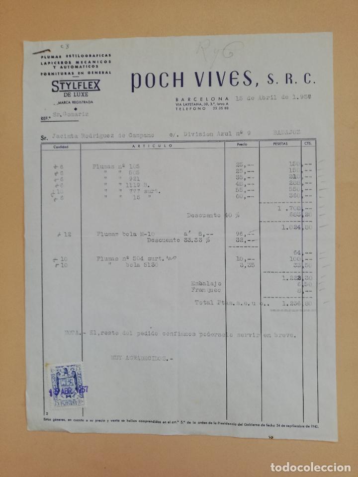 Faturas antigas: FACTURA. PLUMAS ESTILOGRAFICAS. LAPICEROS MECANICOS. STYFLEX. JOSE POCH VIVES. BARCELONA. 1957.