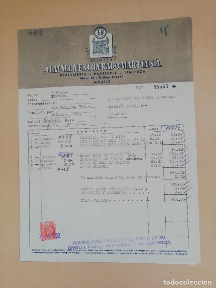 Faturas antigas: FACTURA. ALMACENES CONRADO MARTIN, S.A. PERFUMERIA PAPELERIA LIMPIEZA. MADRID, 1952.