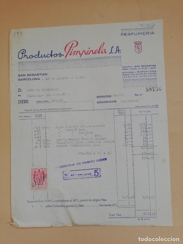 Faturas antigas: FACTURA. PRODUCTOS PIMPINELA S.A. PERFUMERIA. BARCELONA, 1952.