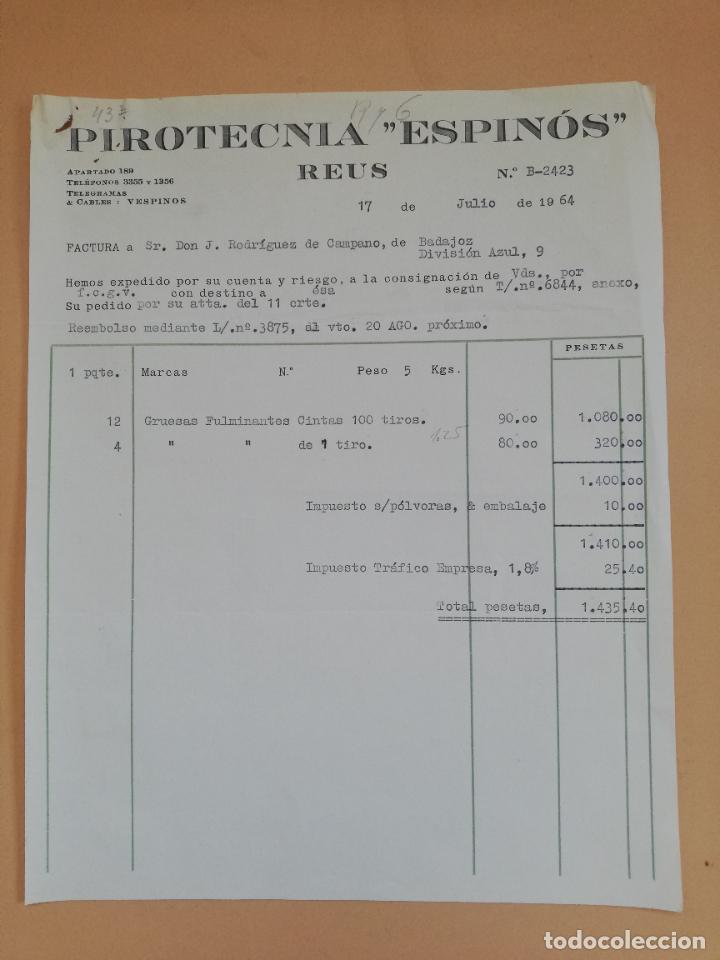 Faturas antigas: FACTURA. PIROTECNIA ESPINOS. REUS, TARRAGONA. 1964.
