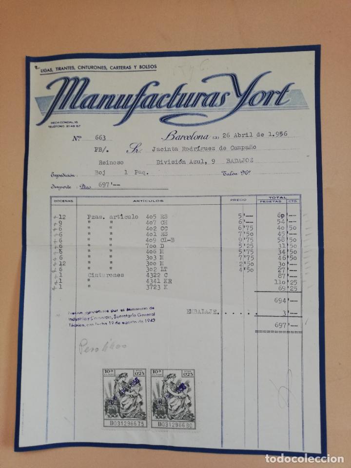 Faturas antigas: FACTURA. LIGAS. TIRANTES. CINTURONES. CARTERAS. MANIUFACTURAS YORT. BARCELONA. 1956.