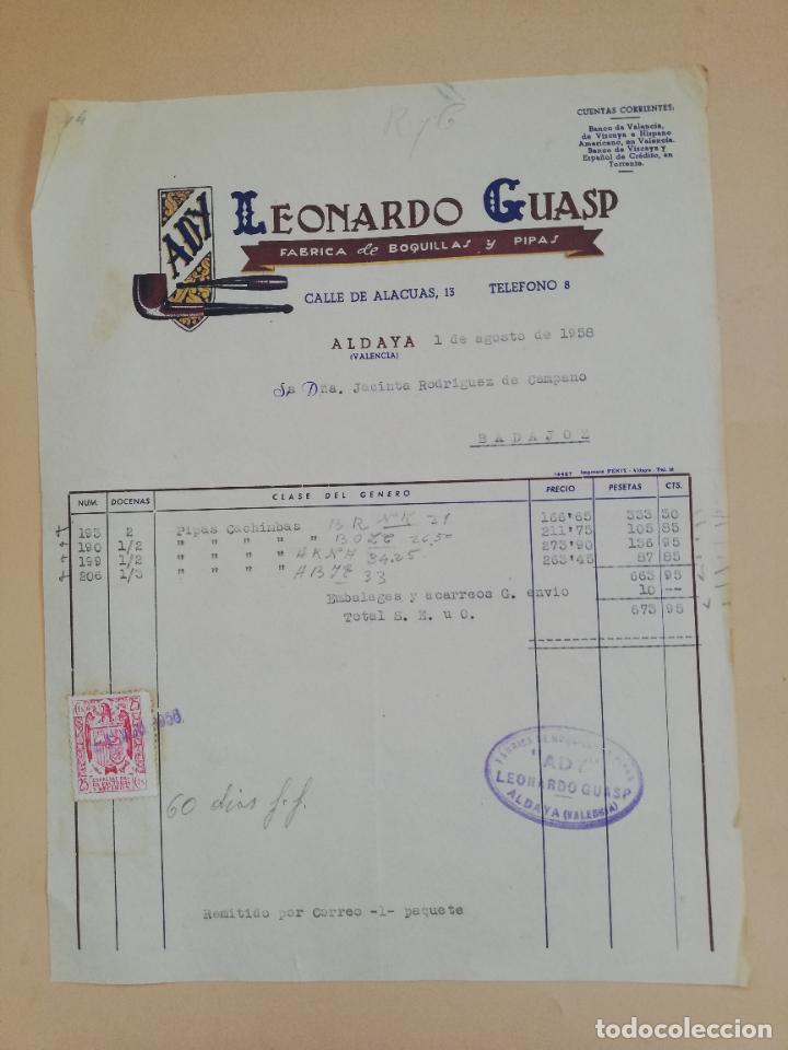 Faturas antigas: FACTURA. FABRICA DE BOQUILLAS Y PIPAS. ADY. LEONARDO GUASP. ALDAYA, VALENCIA. 1958.