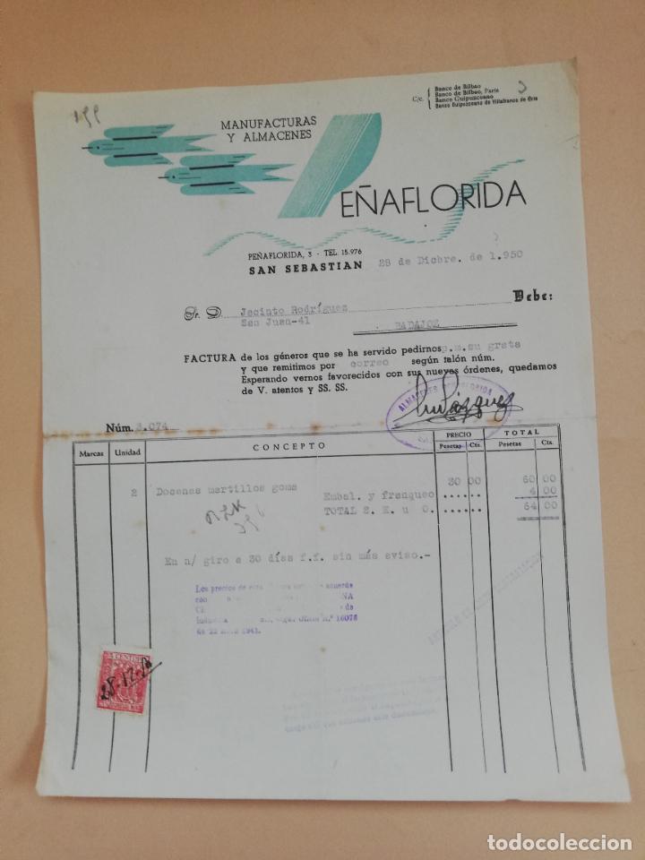 Faturas antigas: FACTURA. PE&Ntilde;AFLORIDA. MANUFACTURAS Y ALMACENES. SAN SEBASTIAN, 1950.