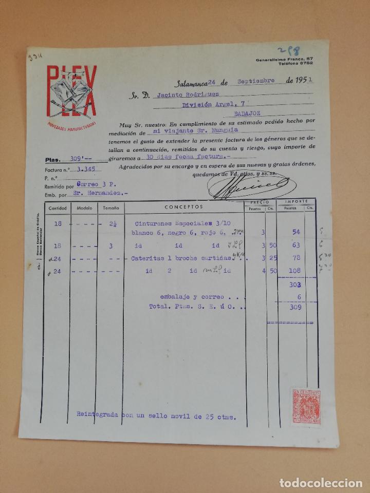 Faturas antigas: FACTURA. PLEX. NOVEDADES MANUFACTURAS. SALAMANCA, 1951.