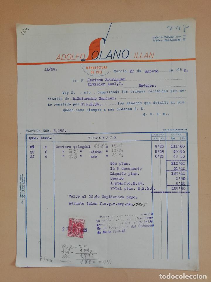 Faturas antigas: FACTURA. ADOLFO SOLANO ILLAN. MANUFACTURA DE PIEL. MURCIA, 1952.