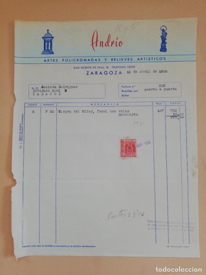 Faturas antigas: FACTURA. ARTES POLICROMADAS Y RELIEVES ARTISTICOS. ANDRIO. ZARAGOZA. 1958.