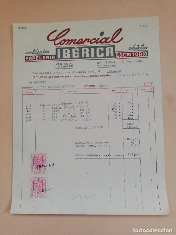 Faturas antigas: FACTURA. ARTICULOS PAPELERIA ESCRITORIO. COMERCIAL IBERICA. BARCELONA, 1951.