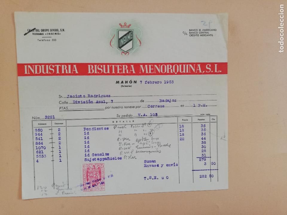 Faturas antigas: FACTURA. INDUSTRIA BISUTERIA MENORQUINA, S. L. MAHON, 1953.