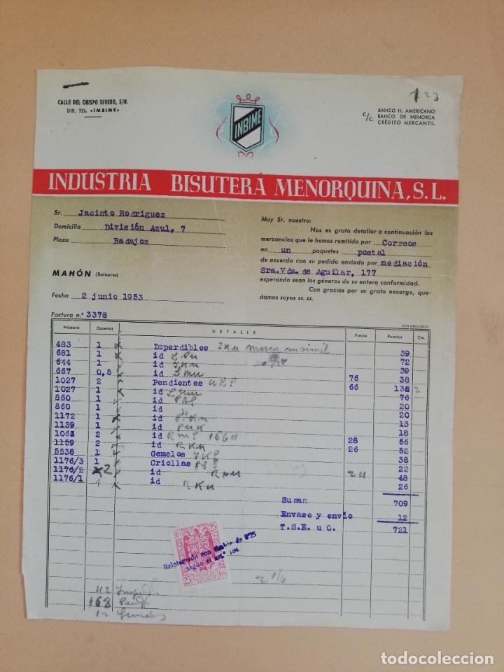Faturas antigas: FACTURA. INDUSTRIA BISUTERIA MENORQUINA, S. L. MAHON, 1953.