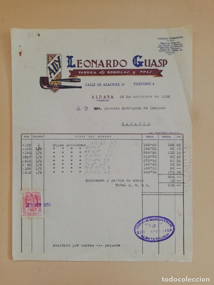 Faturas antigas: FACTURA. FABRICA DE BOQUILLAS Y PIPAS. ADY. LEONARDO GUASP. ALDAYA, VALENCIA. 1958.