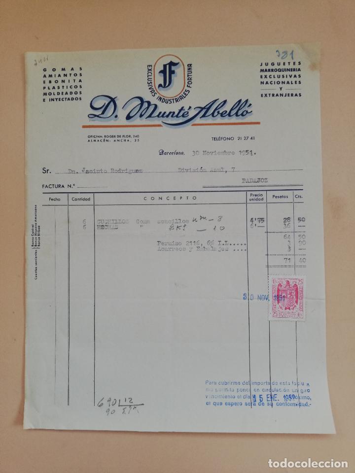 Faturas antigas: FACTURA. GOMAS AMIANTOS EBONITA PLASTICOS JUGUETES. D. MUNTE ABELLO. BARCELONA, 1951.