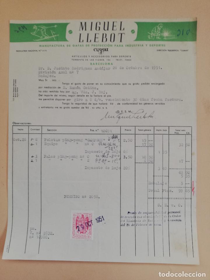 Faturas antigas: FACTURA. MIGUEL LLEBOT. MANUFACTURA DE GAFAS DE PROTECCION PARA INDUSTRIA Y DEPORTE. BARCELONA, 1951