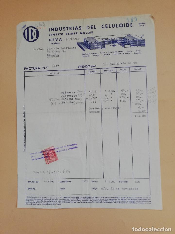 Faturas antigas: FACTURA. INDUSTRIAS DEL CELULOIDE. ERNESTO REINER MULLER. DEVA, GUIPUZCOA. 1950.