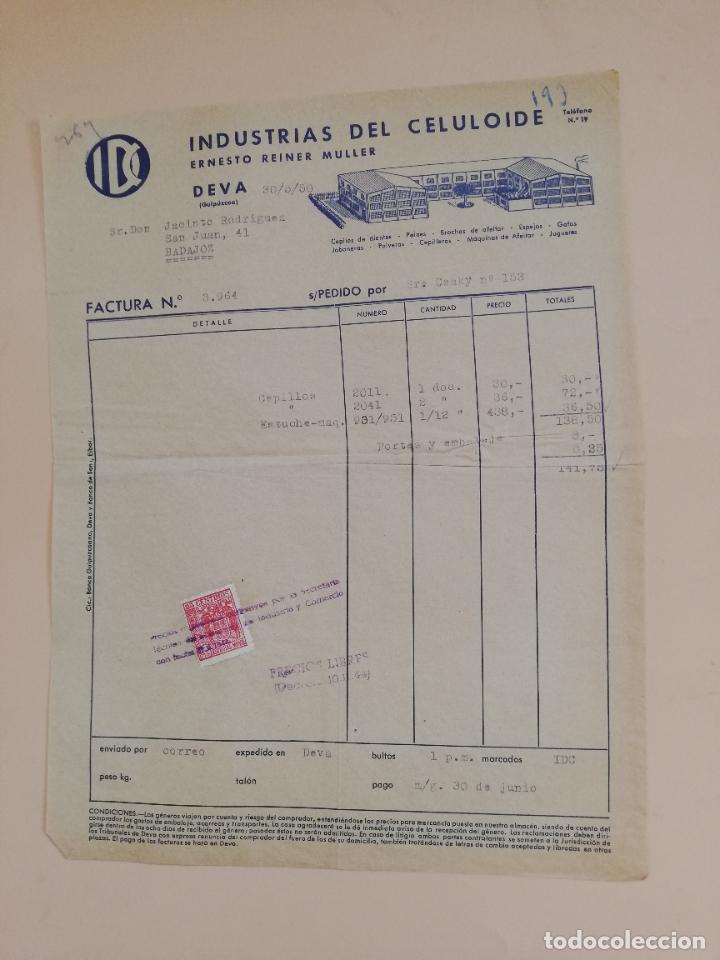 Faturas antigas: FACTURA. INDUSTRIAS DEL CELULOIDE. ERNESTO REINER MULLER. DEVA, GUIPUZCOA. 1950.