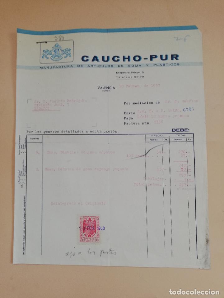 Faturas antigas: FACTURA. CAUCHO-PUR. MANUFACTURA DE ARTICULOS DE GOMA Y PLASTICOS. VALENCIA, 1953.